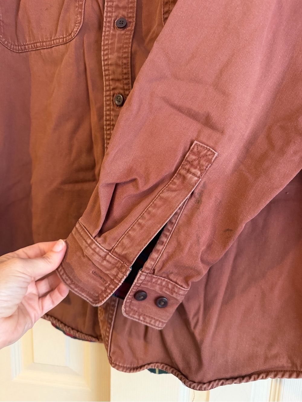 L.L. Bean Rust Button-Front Hurricane Shirt with Flannel Plaid Lining - Picture 6 of 11